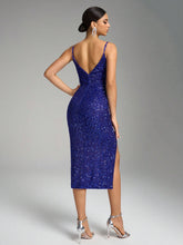 Fuaheng Fuaheng V-Neck Sleeveless Long Dress With Beaded Details, Waist Cinching And Slit Design, Cocktail Semi Dress, Christmas Dress